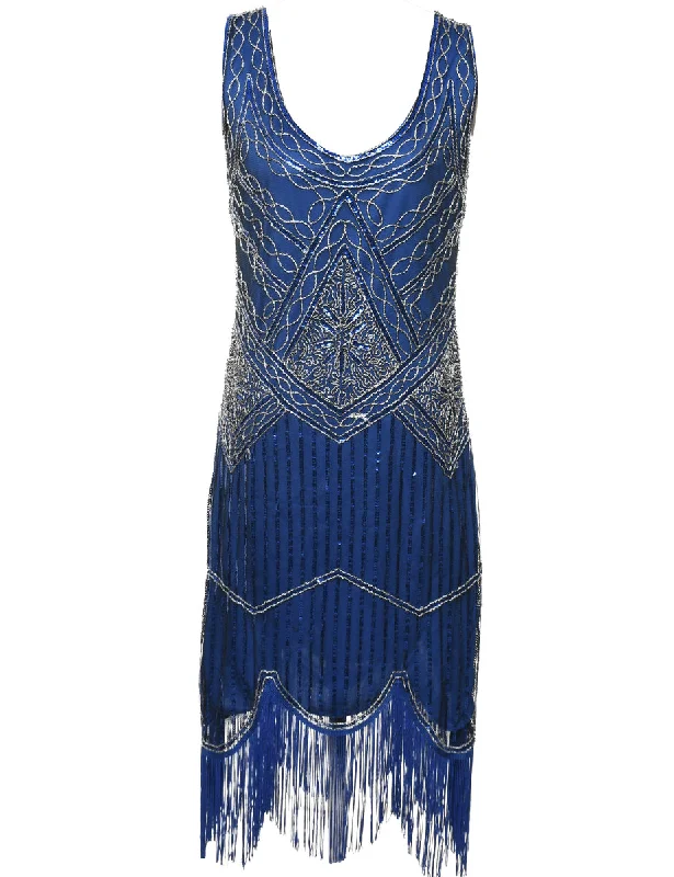 New Markdowns Beaded Navy & Silver Sparkly Evening Dress - L