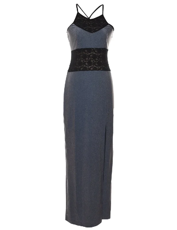 Crazy Savings Black & Silver Contrast Lace 1990s Evening Dress - XS