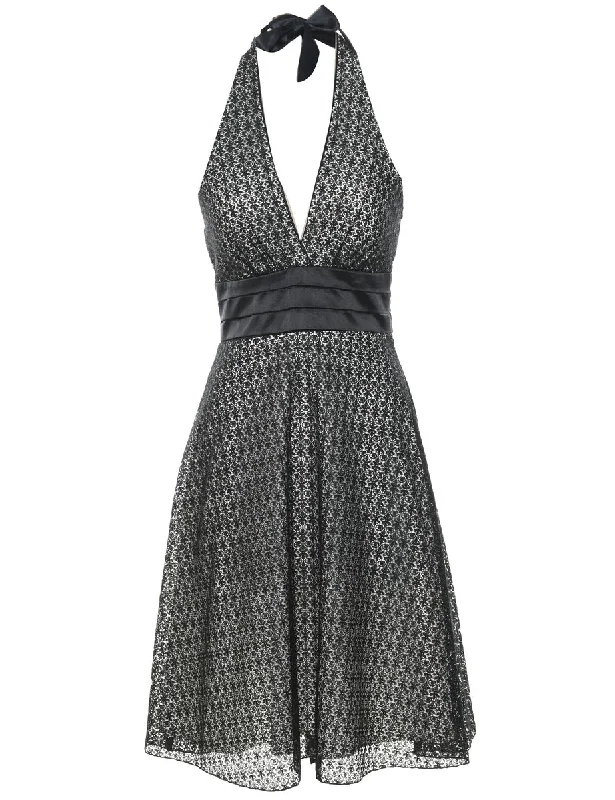 Limited Offer Black & Silver Y2K Lace Halterneck Evening Dress  - XS