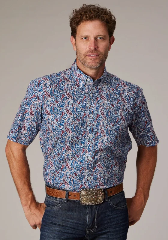Referral Discount Roper Mens 2024 River Paisley Blue 100% Cotton 1 Pkt S/S Shirt
