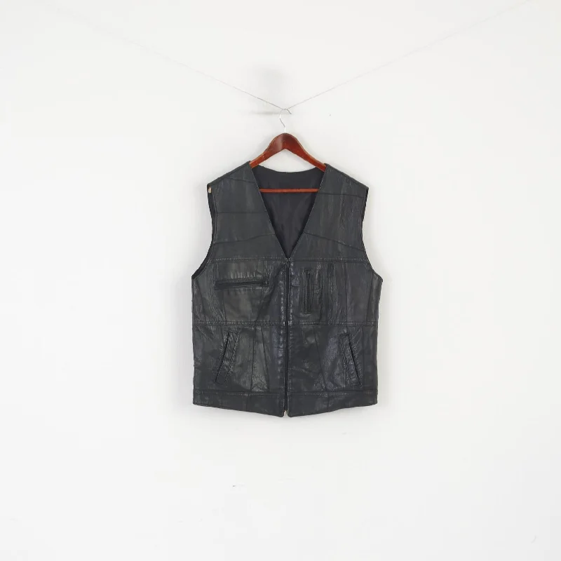 Vintage Men L Waistcoat Black Leather Soft Shiny Zip Up Multi Pockets Vest