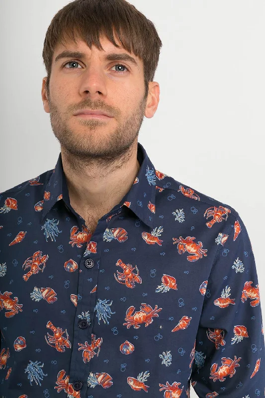 Daily Deals Crabs Lobster Sea Life Blue Print Cotton Mens Long-Sleeve Shirt