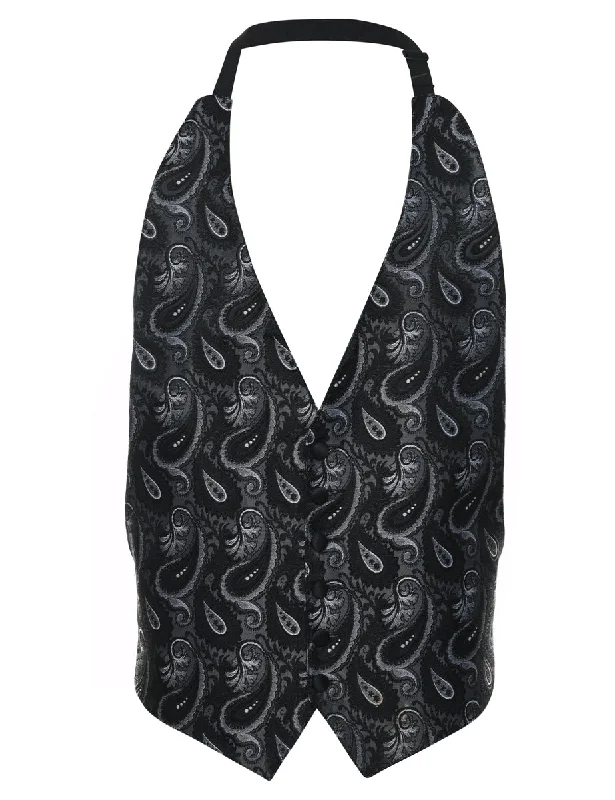 Don't Miss Out Black & Silver Paisley Print Brocade Waistcoat - M