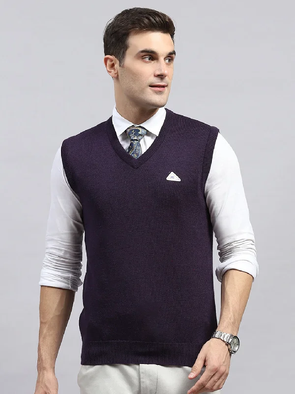 Men Purple Solid V Neck Sleeveless Sweater