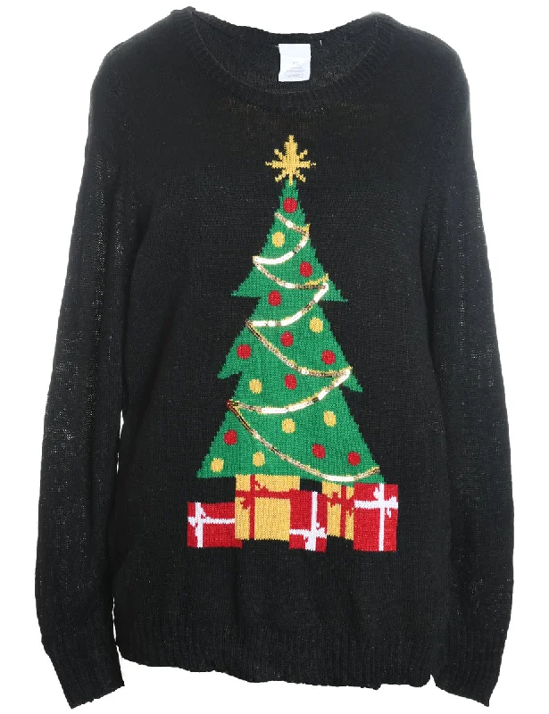 Weekend Discounts to Delight Black Christmas Tree Design Knit Jumper - XL