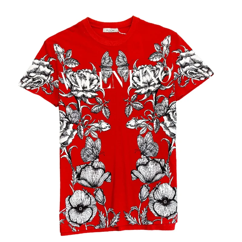 Men's Floral Print T-Shirt Red Size XS