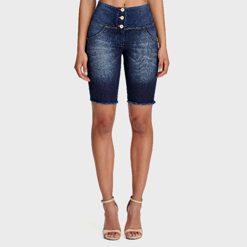 Weekend Specials to Grab WR.UP® Denim - High Waisted - 3 Button Biker Shorts - Dark Blue + Yellow Stitching
