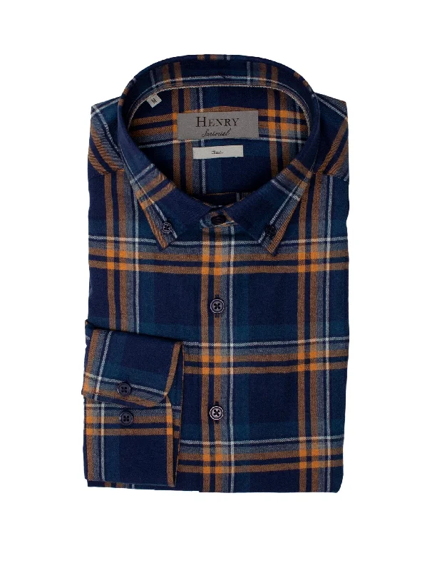 Markdown Madness HENRY SARTORIAL Casual Check Shirt NAVY/BROWN