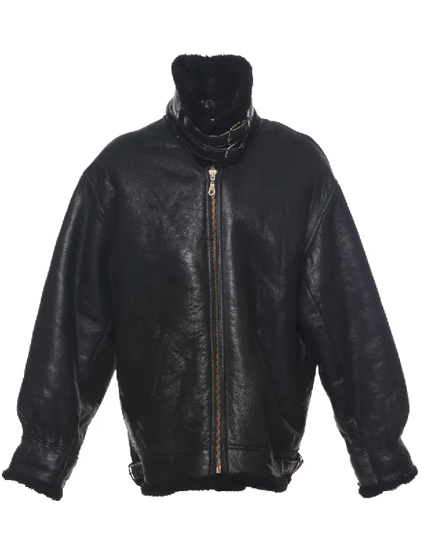 Black Shearling Leather Jacket - L