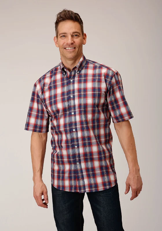 Price Break Roper Mens 1553 Independence Plaid Blue 100% Cotton 1 Pkt S/S Shirt