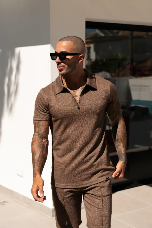 Clearance Sale Capo INTERLOCK SLUB Zip SS Polo - Mocha