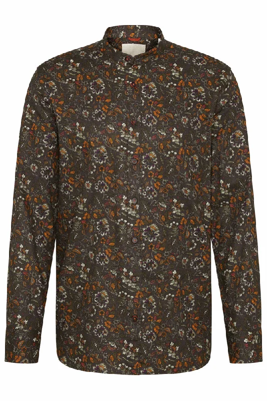 Price Fest Bugatti Floral Mandarin Collar Shirt Brown
