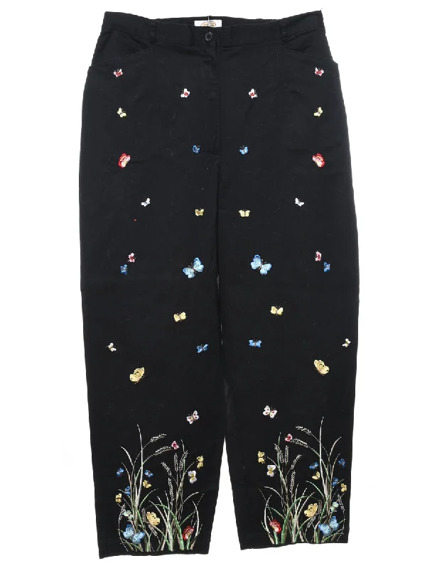 Buy Now Black Embroidered Butterfly Design Tapered Trousers - W32 L28