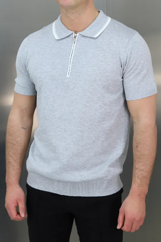 Deep Savings Capo Egyptian Cotton Contrast Collar SS Zip Polo Shirt - Grey