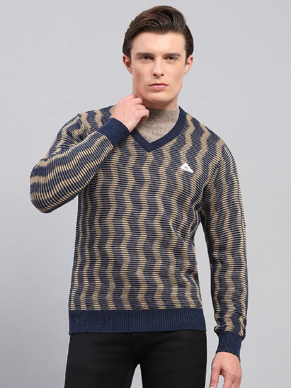 Men Navy Blue & Beige Self Design V Neck Full Sleeve Pullover