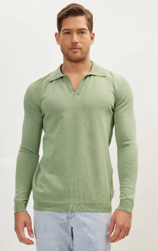 Year-End Clearance Johnny-Collar Sweater Polo - Teal Green