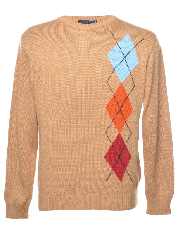 Discount Mania Argyle Light Brown & Orange Knit Jumper - L