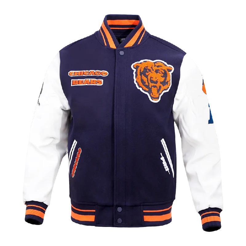 Closeout Sale NFL CHICAGO BEARS RETRO CLASSIC MEN'S RIB WOOL VARSITY JACKET (MIDNIGHT NAVY/ORANGE/MIDNIGHT NAVY)