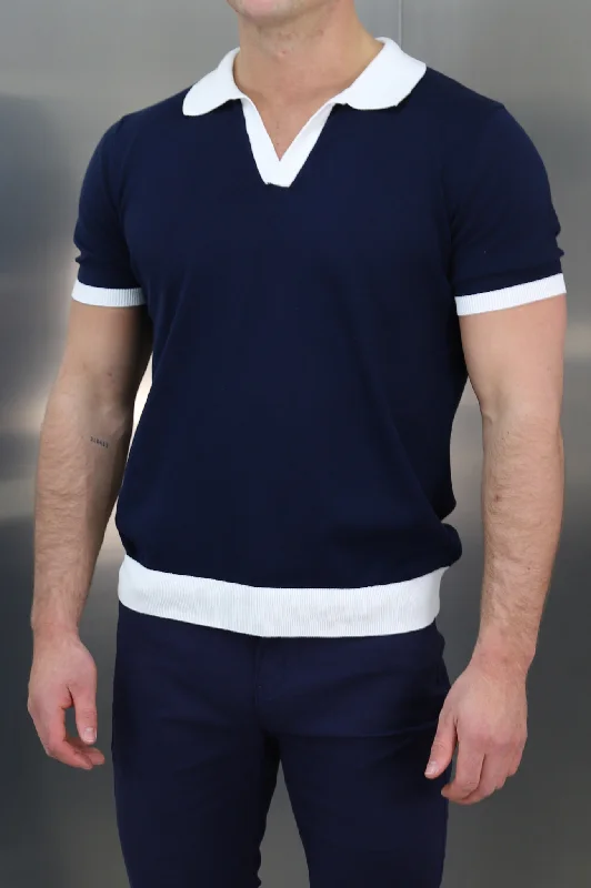 Savings Event Capo Egyptian Cotton Contrast Cuban Collar Polo Shirt - Navy
