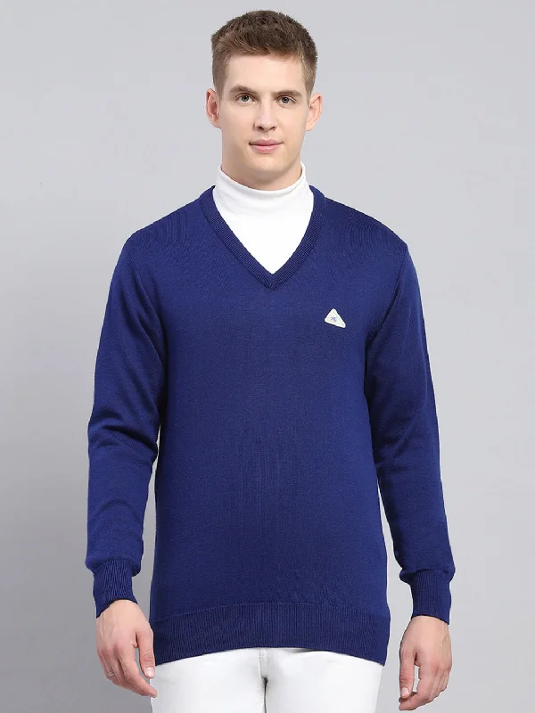 Warehouse Sale Men Blue Solid V Neck Full Sleeve Pullover