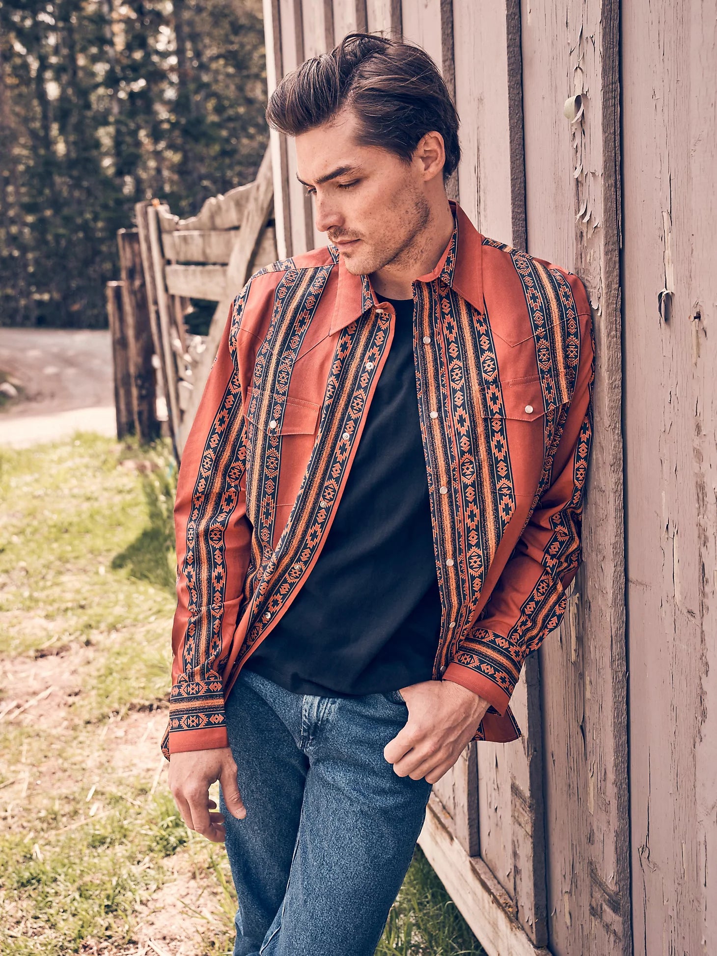 Time-Limited Offer Wrangler Checotah Rusty Orange Long Sleeve Western Snap Printed Shirt