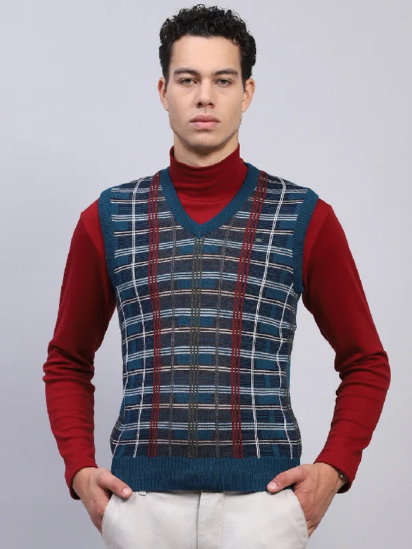 Special Price Men Teal Blue Self Design V Neck Sleeveless Sweater