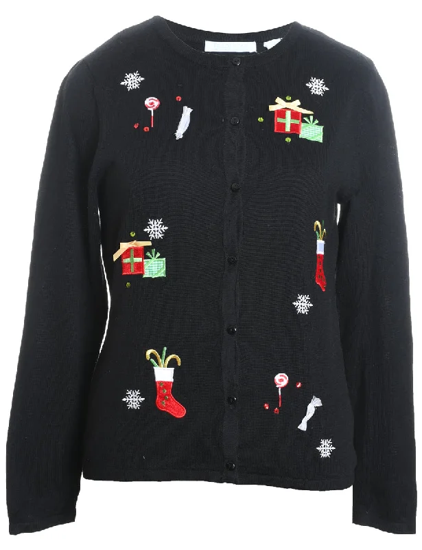 Deep Discounts Black Embroidered Christmas Present Design Cardigan - M