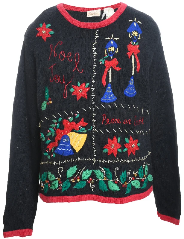 Early Access Black Embroidered Floral Christmas Jumper - M