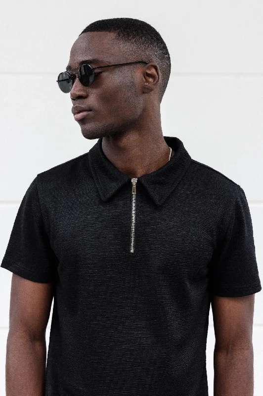 Exclusive Deal Capo INTERLOCK SLUB Zip SS Polo - Black