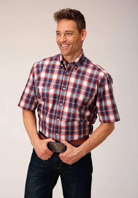Price Drop Alert Roper Mens 1553 Independence Plaid Blue 100% Cotton Btn S/S Shirt
