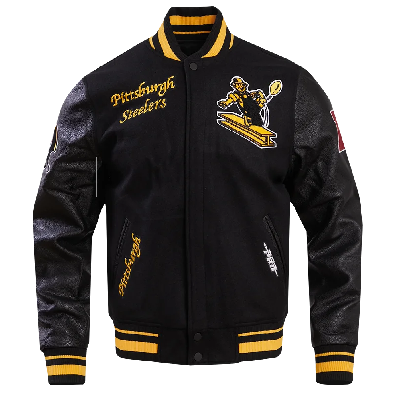 Limited Supply NFL PITTSBURGH STEELERS RETRO CLASSIC MEN'S RIB WOOL VARSITY JACKET (BLACK/YELLOW) Limited Supply NFL PITTSBURGH STEELERS RETRO CLASSIC MEN'S RIB WOOL VARSITY JACKET (BLACK/YELLOW)