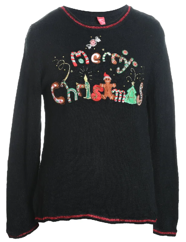 Deal Dash Black Embroidered Christmas Jumper - M