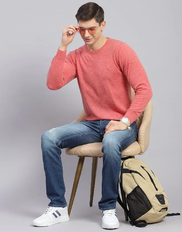 Half Price Men Pink Solid Round Neck Full Sleeve Pullover