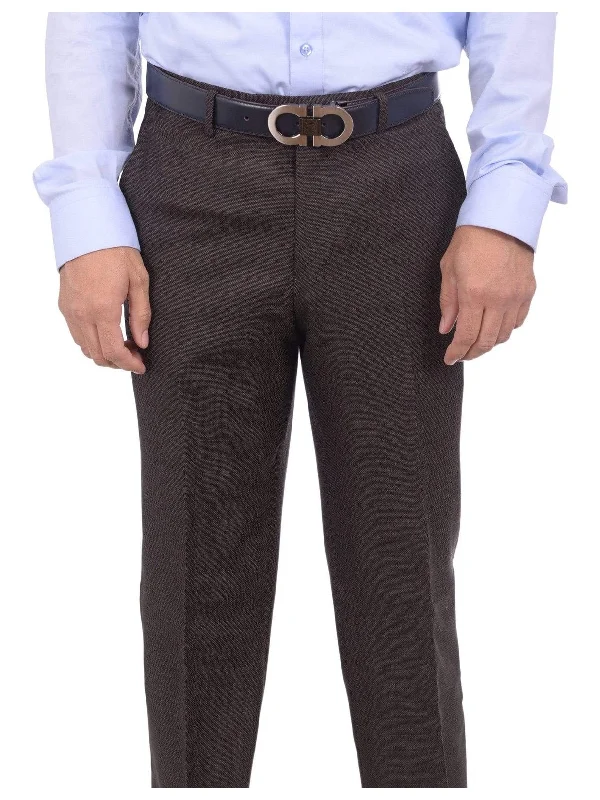 Unbeatable Prices Mens Napoli Extra Slim Fit Brown Textured Flat Front Wool Dress Pants