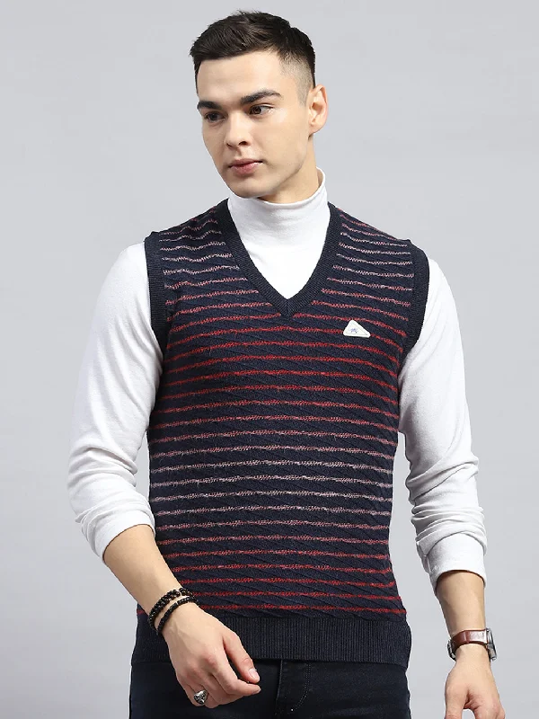 Weekend Discounts Worth Grabbing Men Navy Blue Self Design V Neck Sleeveless Sweater