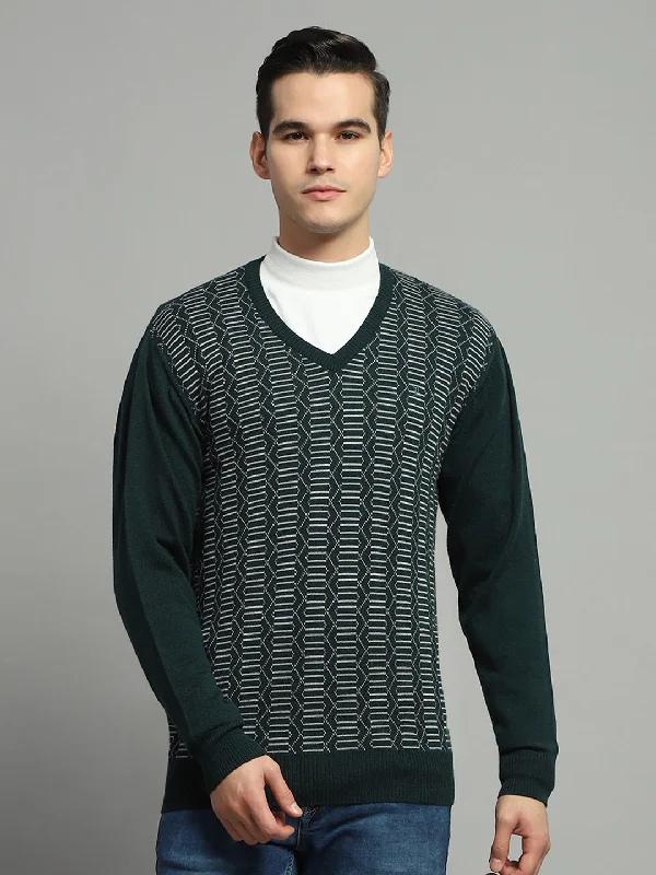 Can't Beat Men Green Self Design V Neck Full Sleeve Pullover