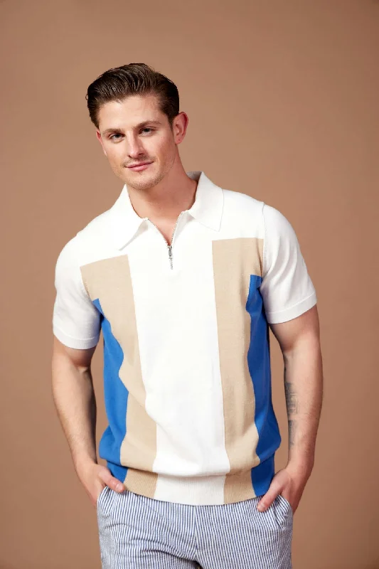 Closeout Sale MCKINNON Contrast Zip Short Sleeve Shirt WHITE/BLUE/BEIGE