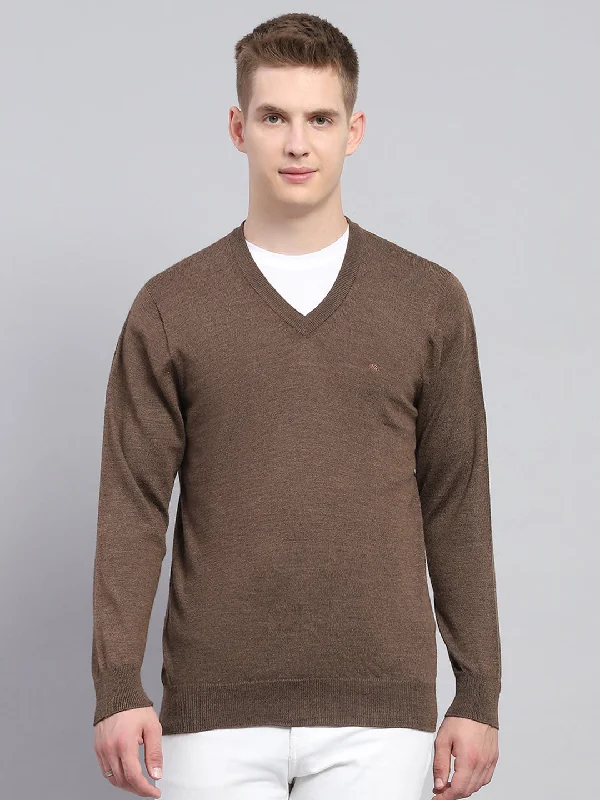 Today’s Special Men Brown Solid V Neck Full Sleeve Pullover