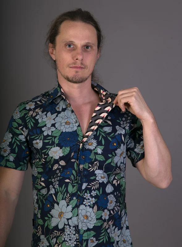Discount Days Reversible Blue Floral Grey Print Cotton Slim Fit Mens Shirt Short Sleeve