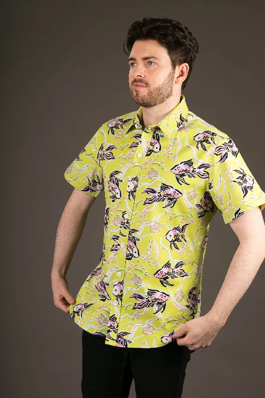 Get It Before It’s Gone Green Fish Print Cotton Slim Fit Mens Shirt Short Sleeve