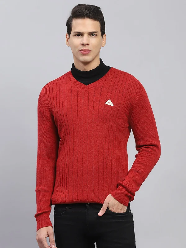 Men Maroon Solid V Neck Full Sleeve Pullover