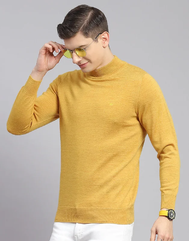 Weekend Shopping Bliss Men Mustard Solid T Neck Full Sleeve Sweater