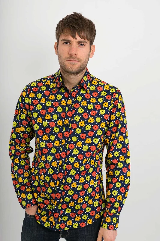 Exclusive Savings Orange Yellow Green Flower Blue Print Cotton Slim Fit Mens Shirt Long Sleeve