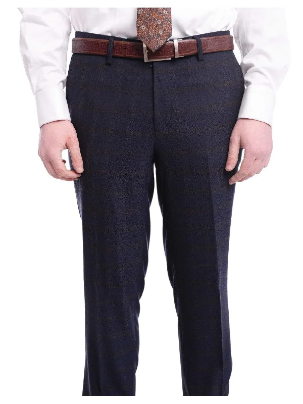 Mens Arthur Black Slim Fit Blue Plaid Flat Front Wool Dress Pants