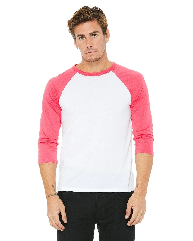 Best Bargains Bella+Canvas Unisex Triblend 3/4-Sleeve Baseball T-Shirt | White/ Neon Pink