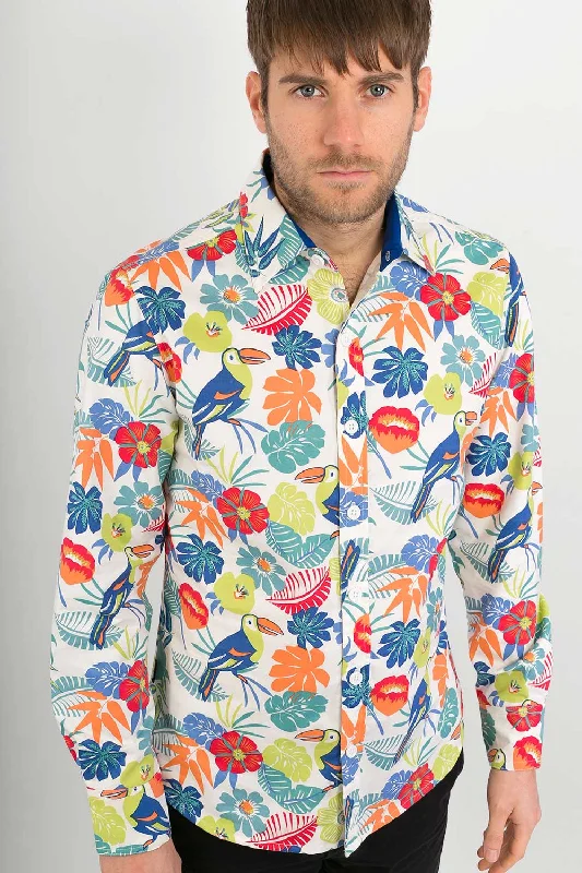 Year-End Clearance White Tropical Print Cotton Slim Fit Mens Shirt Long Sleeve