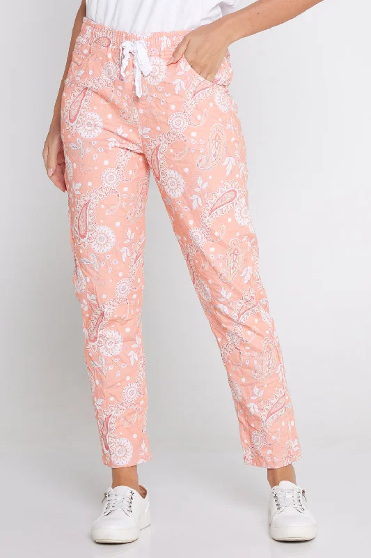 Closeout Deal Printed Crushed Drawstring Pants - Peach Paisley
