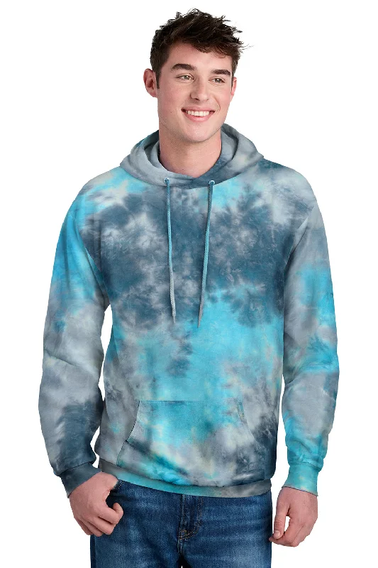 Weekend Deals to Brighten Your Day Port & Company Mens Crystal Tie-Dye Hooded Sweatshirt Hoodie w/ Pouch Pocket - Lagoon