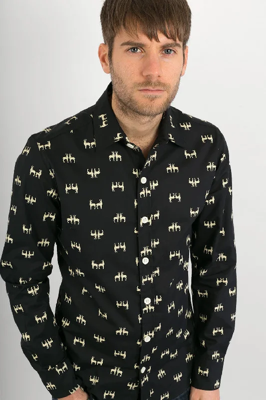 Discount Deals Reindeer Black Print Cotton Slim Fit Mens Shirt Long Sleeve