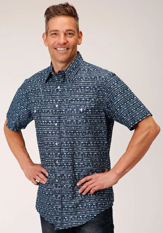 Blowout Sale Roper Mens 1584 Zig Zag Tribal Blue 100% Cotton S/S Shirt